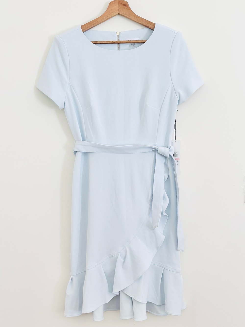 Calvin Klein Short-Sleeve Ruffle Faux-Wrap Dress in Light Blue